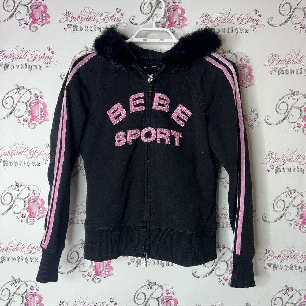 bebe set sweater pants striped rabbit fur hood trim Black Pink Track Pants - Picture 2 of 13
